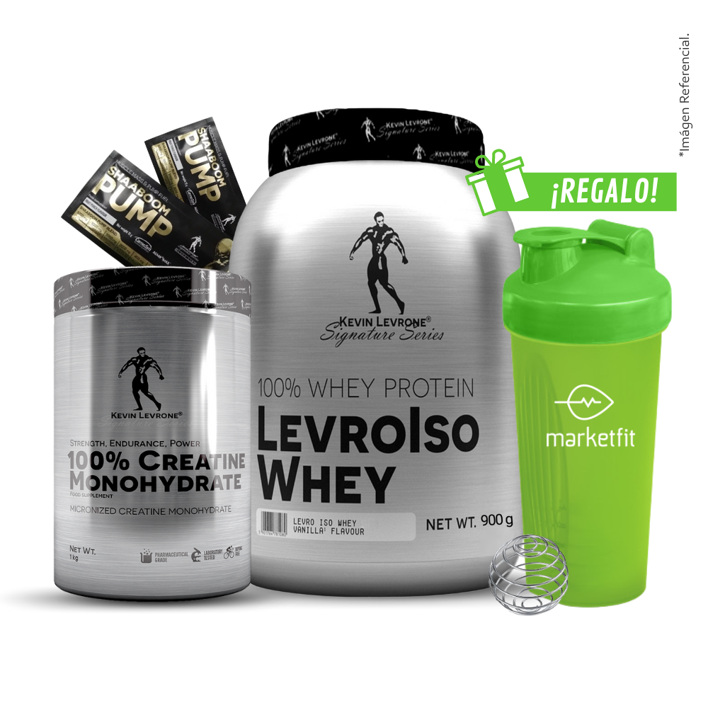Pack LevroIso Whey 900gr + Creatina Kevin Levrone 1kg + 02 Sachets SHAABOOM PUMP + Shaker 600mL