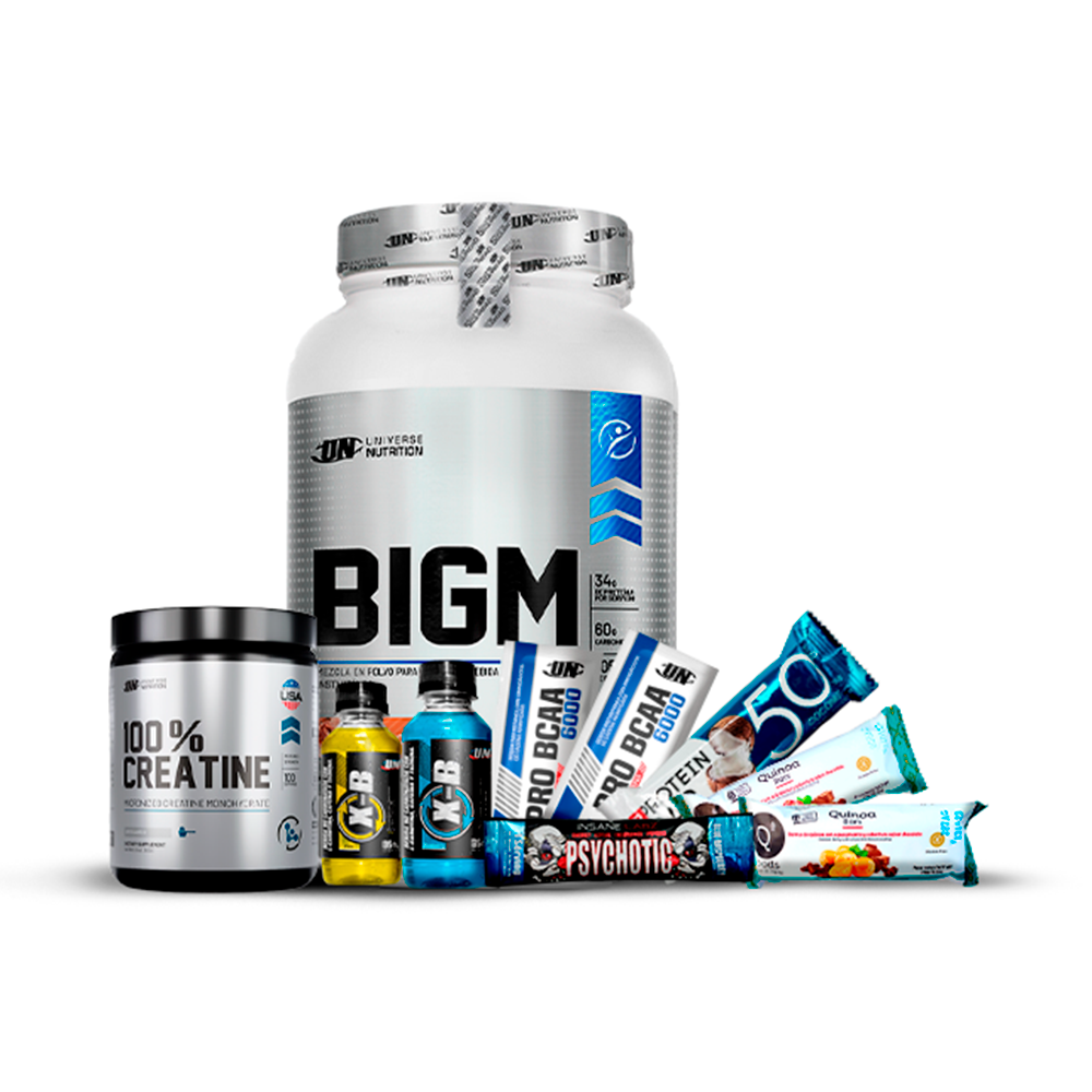 Pack Ganador de peso BIGM UN 2kg + 100% Creatina UN 250gr + REGALOS