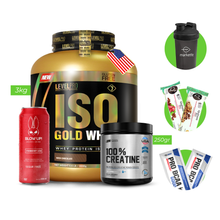 Cargar imagen en el visor de la galería, Proteina Iso Gold Whey 3kg LEVEL PRO + Creatina 100% UN 250gr + Bebida energizante + REGALOS
