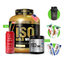 Cargar imagen en el visor de la galería, Proteina Iso Gold Whey 3kg LEVEL PRO + Creatina 100% UN 250gr + Bebida energizante + REGALOS
