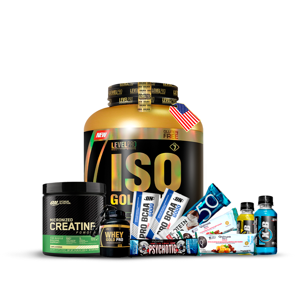 Pack  Iso Gold Whey 3kg LEVEL PRO + Creatina Micronizada ON 300gr + REGALOS