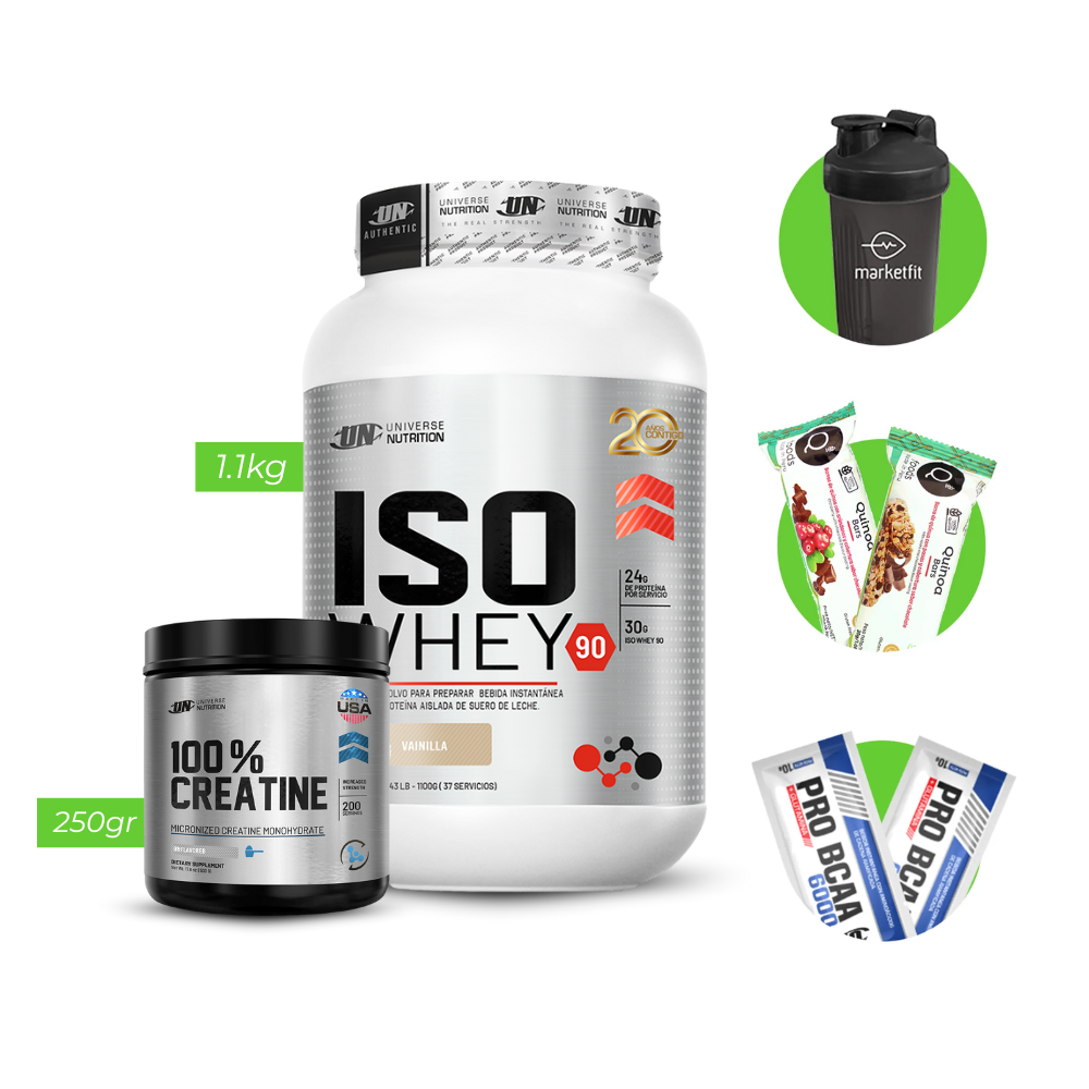 ISO WHEY 1.1KG PROTEÍNA UN + 100% CREATINA 250 GR UN + REGALOS
