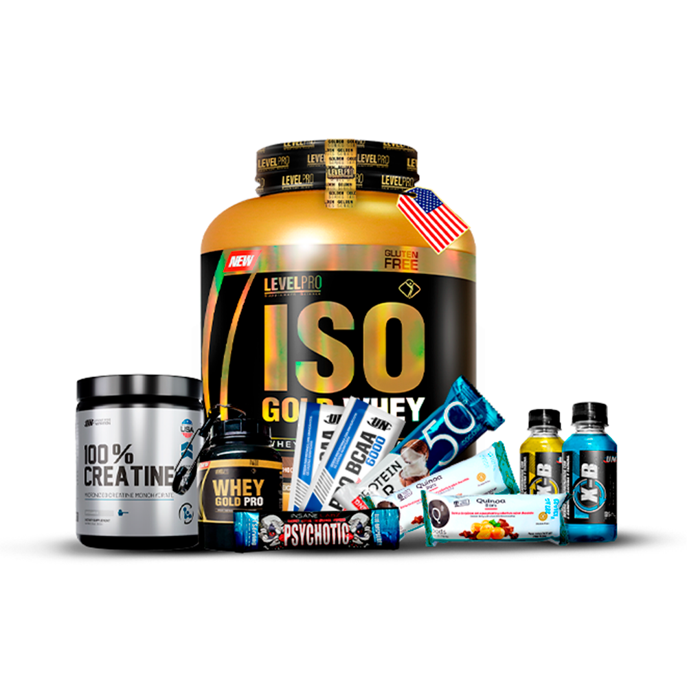 Pack  Iso Gold Whey 3kg LEVEL PRO + 100% Creatina UN 250gr + REGALOS