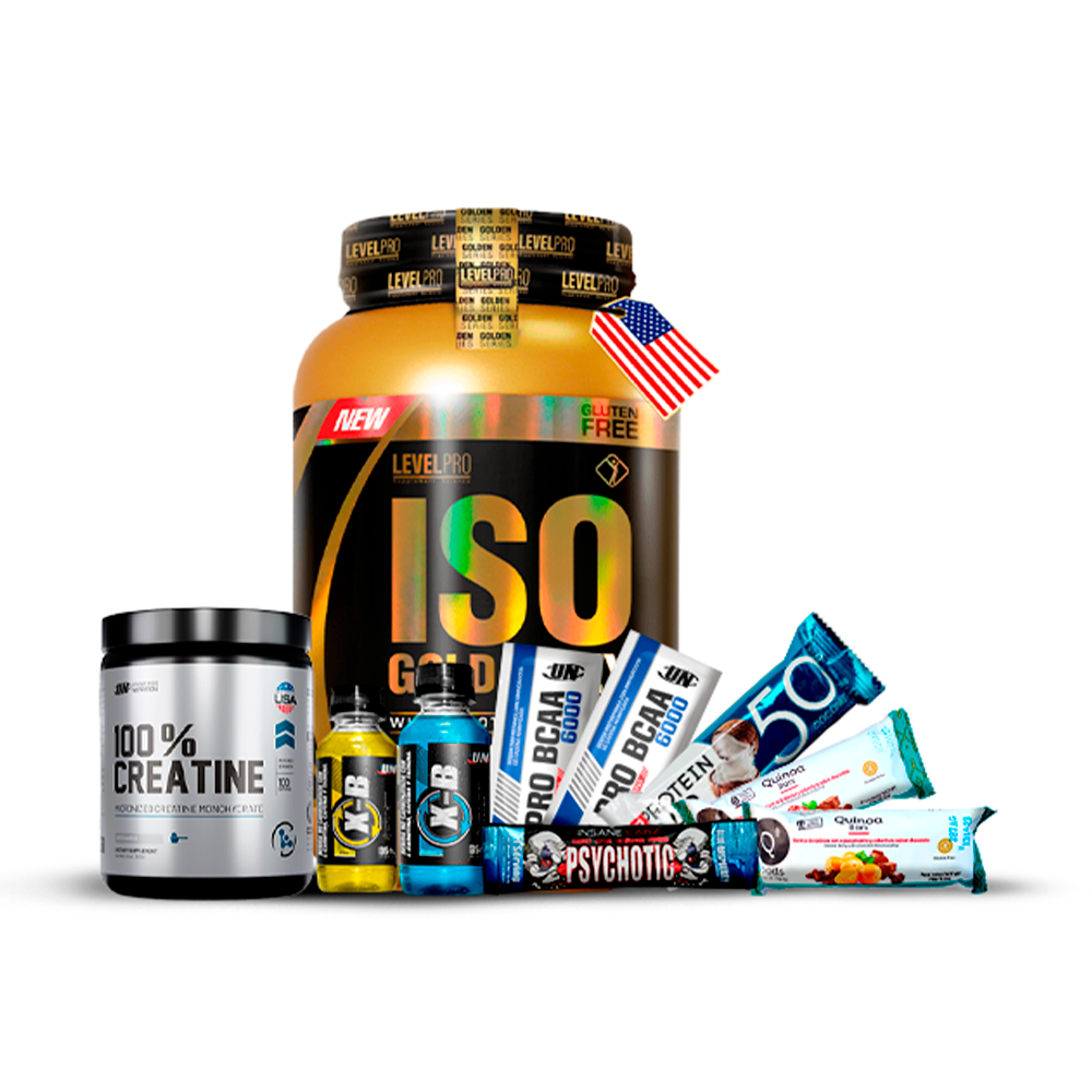 Pack Iso Gold Whey 1.1kg LEVEL PRO + 100% Creatina UN 250gr + REGALOS