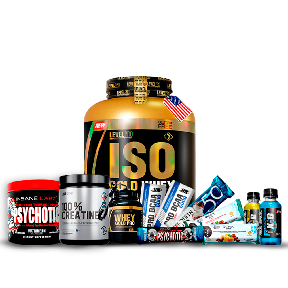 Pack  Iso Gold Whey 3kg LEVEL PRO + 100% Creatina UN 250gr + Pre Entreno Psychotic 35 servicios + REGALOS