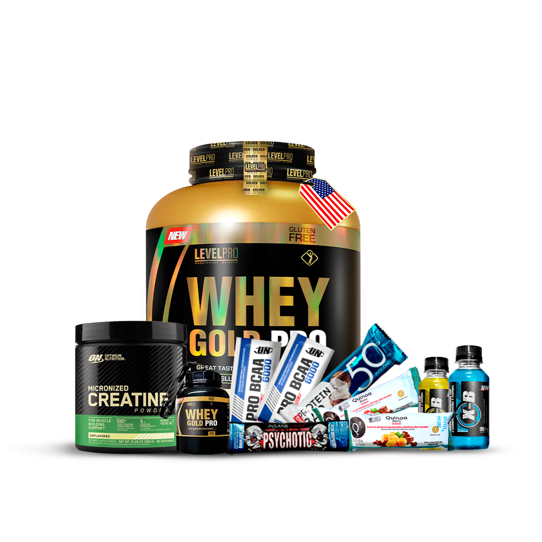 Pack Whey Gold pro 3kg LEVEL PRO + Creatina Micronizada ON 300gr + REGALOS