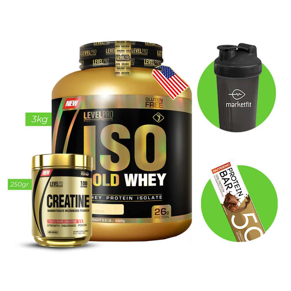 Promo Iso Gold Whey 3kg LEVEL PRO + Creatina Micronizada LEVEL PRO  250gr + REGALOS