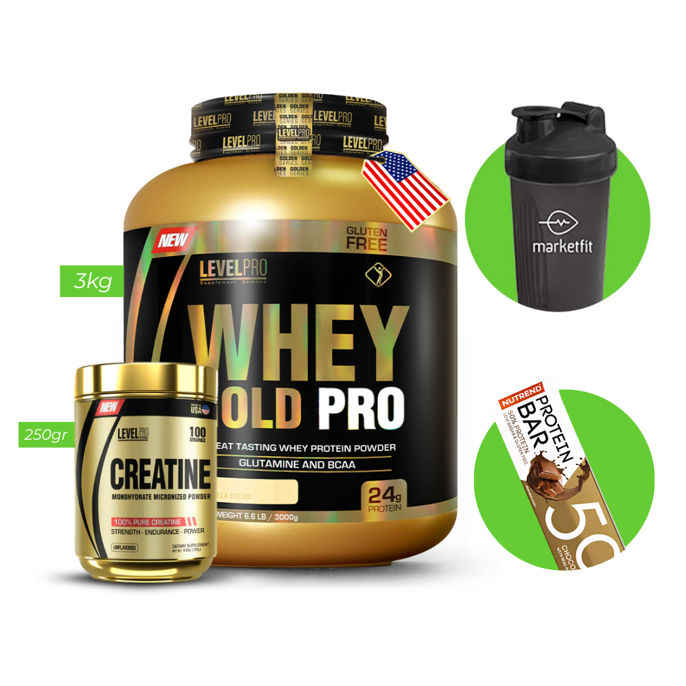 Proteina Whey Gold Pro 3kg + Creatina Micronizada 250gr LEVEL PRO+ REGALOS